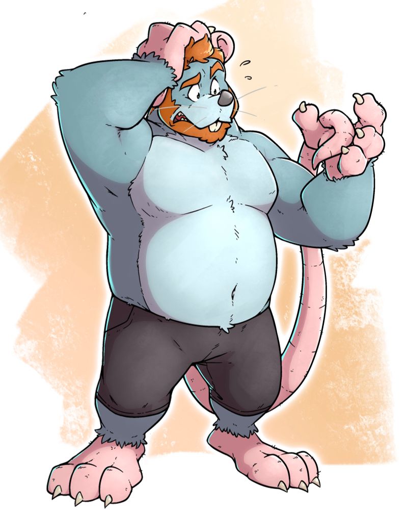 A man transformed into a shirtless giant rat, with a hand on his head and his tail in his other hand, looking at it in disbelief 