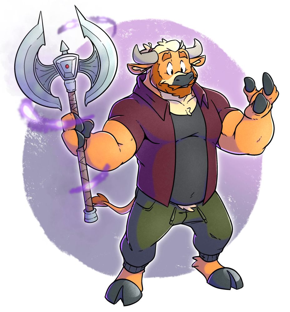 Gum grasping a cursed great axe, astonished at being transformed into a minotaur 
