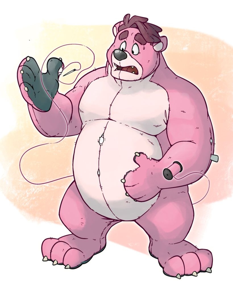A formerly human giant plush bear man looking at his plush body in shock 