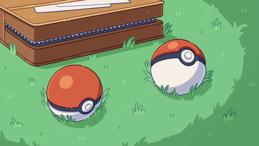 Background of 2 pokeballs on the ground next to a satchel 