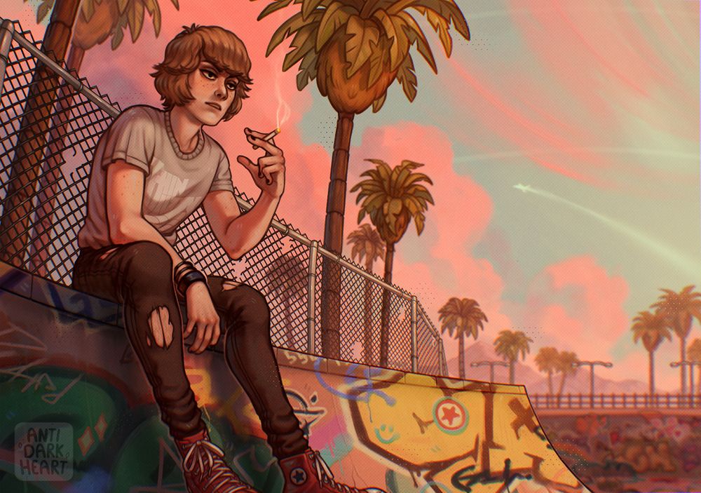 Digital painting of Griffin, a young adult sitting at an outdoor skate park around golden hour. The rink is covered in grafitti & surrounded by palm trees. Griffin is smoking a cigarette