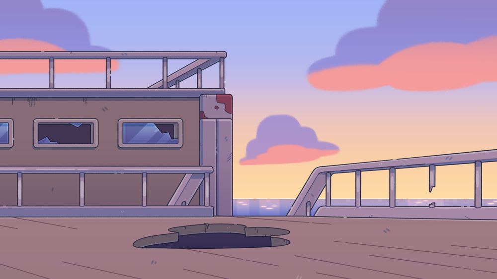 Background of a rusty boat during a beautiful sunset. The boat's windows are smashed in and the deck has a large hole