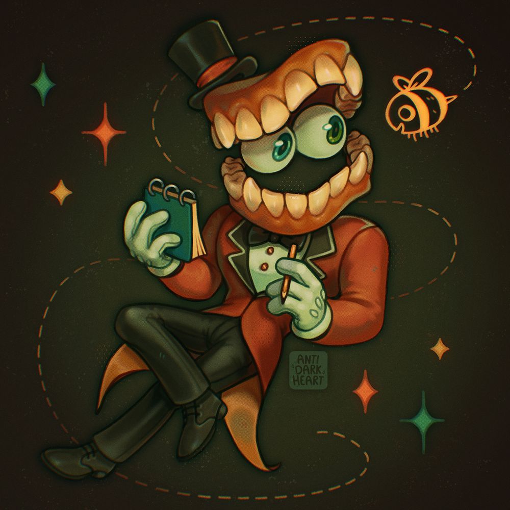 Digital painting of Caine from The Amazing Digital Circus holding a sketchpad and pencil, looking over at a cool bee he drew, buzzing around him. 