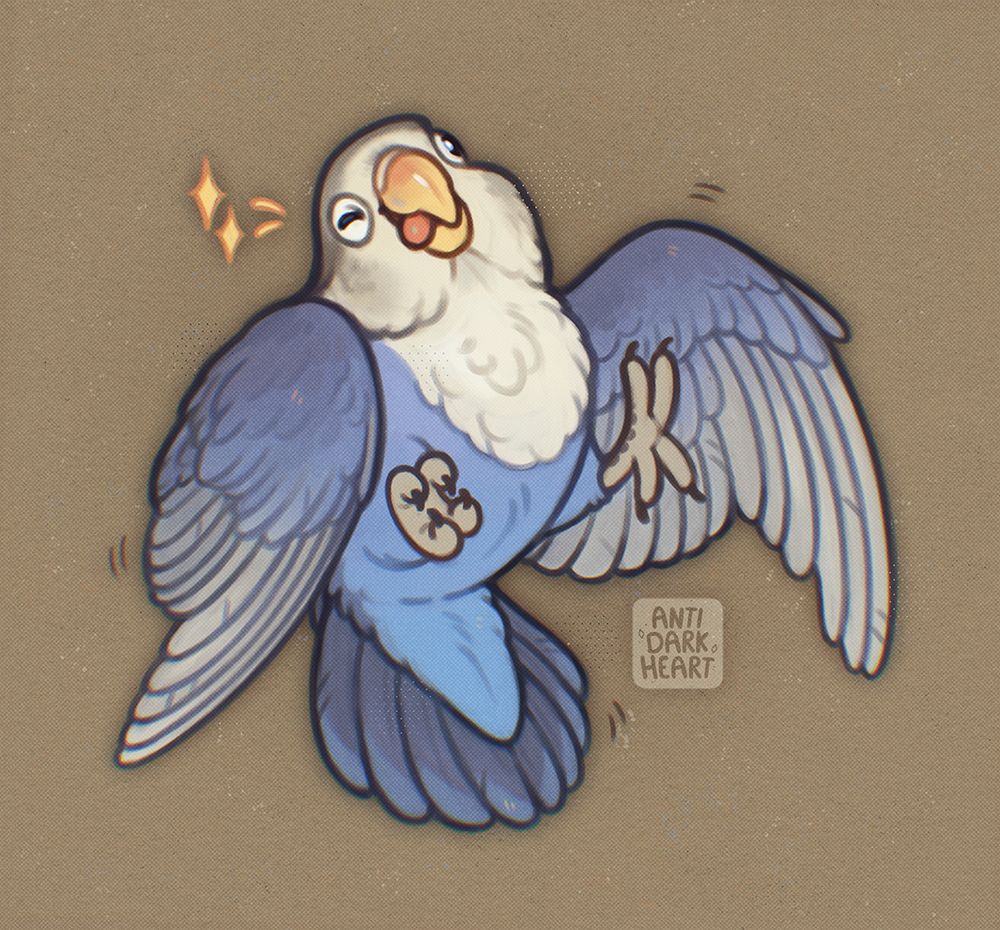 Digital painting of Jester, the blue Lovebird. She has a silly expression, winking at the viewer with her tongue sticking out. She has powder blue feathers, a white face & belly, and grey on the top of her head. 
