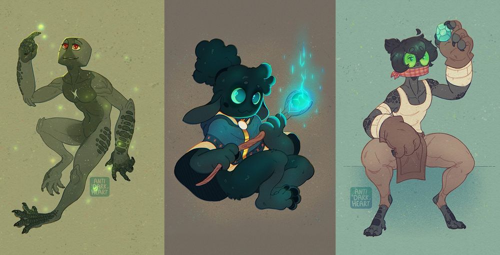 3 Enderman flat drawings. Mikado the swamp enderman, Millie the Enderwitch & Engie the engineer Enderman