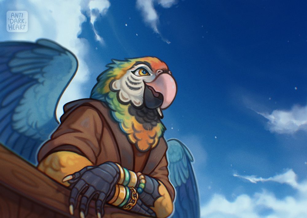 Digital painting of Aderyn, the Aarakocra (anthro macaw bard) looking up at a deep blue sky, clouds swirling around him. He has a firey colored face that fades down to a green & blue, a brown trench coat, various golden & rainbow jewelry around his wrists, and blue wings. 