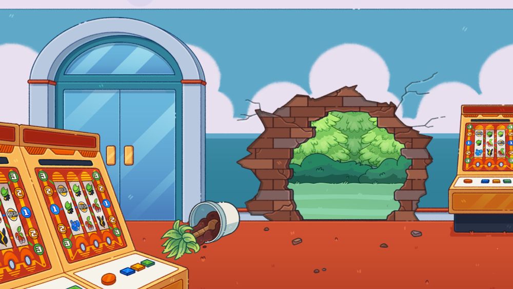 Pokemon casino background with a few slot machines. James has blasted a hole in the wall, showing to the outside & knocking over a potted plant. 