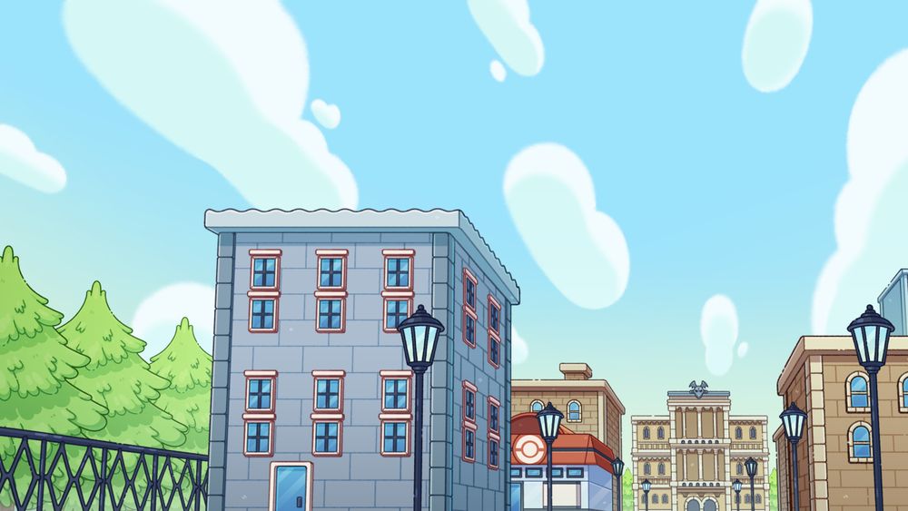 Background of Rustboro City, Roxanne's Gym in the far focal point 