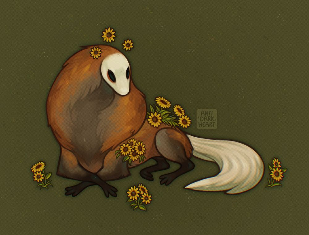 Digital painting of Ahkǔ, the alpine sunflower themed Esk. She has a large fluffy orange mane with silver markings, orange torso, black socks, white mask, and a long flowy white tail. Sunflowers grow from her flank, shoulders, and 3 flowers float above her head