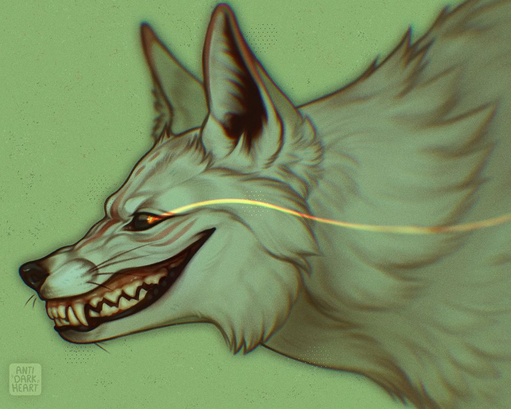 Digital bust painting of Shí the white the celestial dogxim. He has pink tipped ears, 2 pink stripes under his eye, and a stripe down his forehead & snout. His eyes are black with tiny red slit pupils. He has a sinister grin on his face, showing off his fangs.