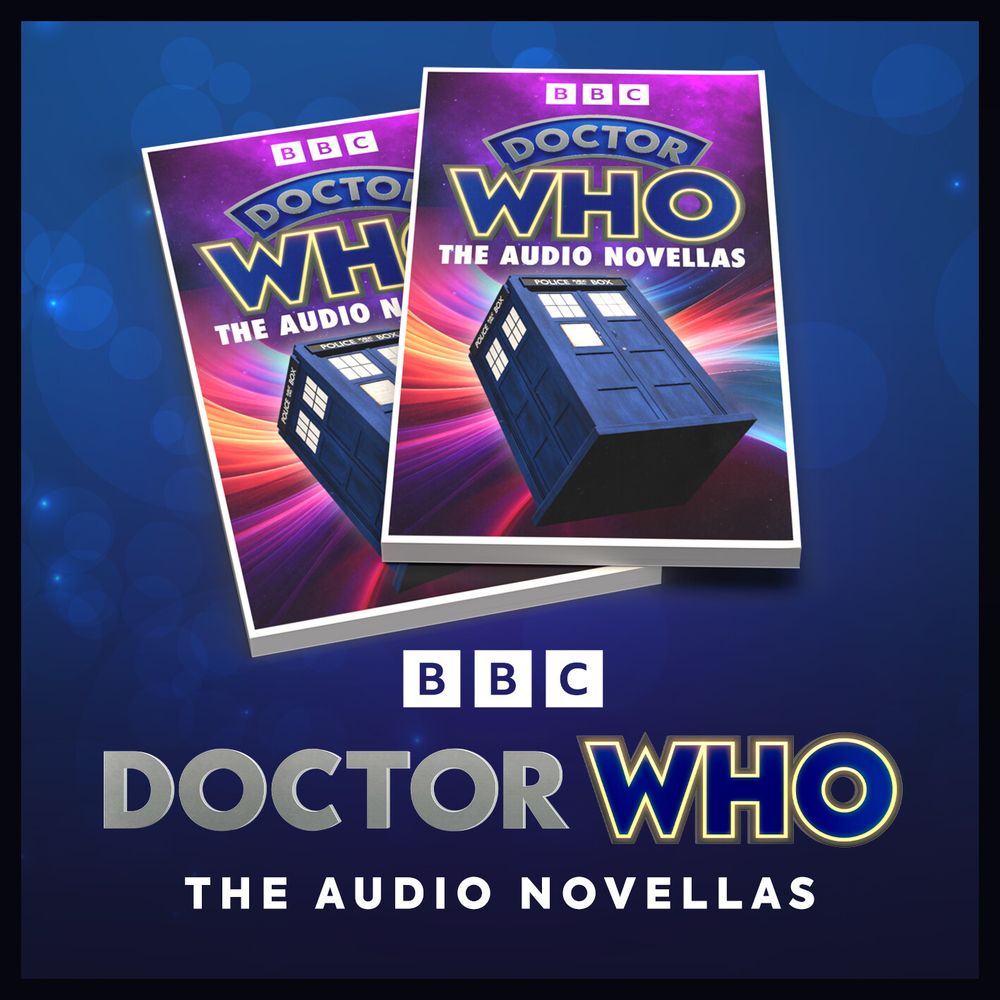 Holding image for the Doctor Who – The Audio Novellas range, featuring two Target-esque books in a pile, both with the TARDIS on the front, travelling down a rainbow vortex, and the Doctor Who logo. 