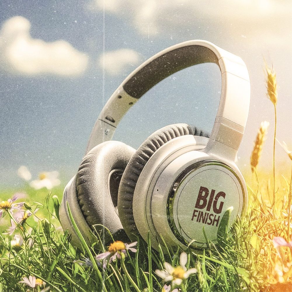 Big Finish headphones in a field of flowers on a summer's day. 