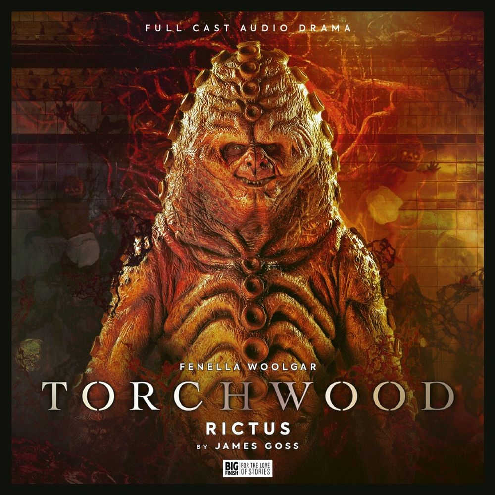Sean Longmore's cover artwork for Torchwood: Rictus, featuring a smiling Zygon front and centre, with strange orange tendrils and apparitions behind. There's a creepy baby on the left. And on the right! 