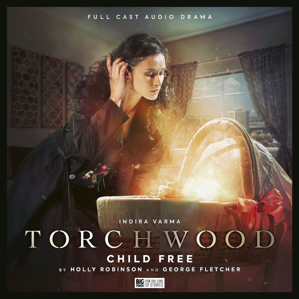 Sean Longmore's cover artwork for Torchwood: Child Free, featuring Suzi Costello in an apartment room, looking into a baby basket, out of which is flowing golden light. 
