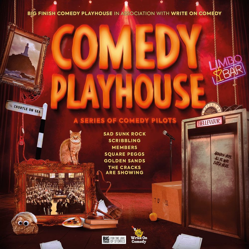 Cover artwork for Comedy Playhouse. A stage with a red curtain and spotlights behind is filled with various items, including: an elevator door, two paintings (of the House of Commons and a lighthouse), a sign pointing to Chortle-on-sea, a neon "limbo bar" sign, a ginger cat, a microphone stand. 