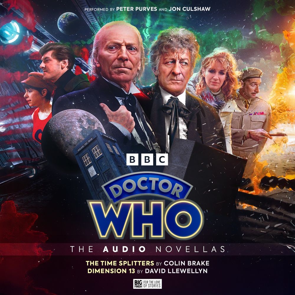 Tom Webster's cover artwork for Doctor Who – The Audio Novellas: The Time-Splitters and Dimension 13, featuring a montage of the First and Third Doctors, alongside Dodo, Stephen, Liz Shaw and the Brigadier. The TARDIS, a planet and a large, featureless black cube feature in the foreground.