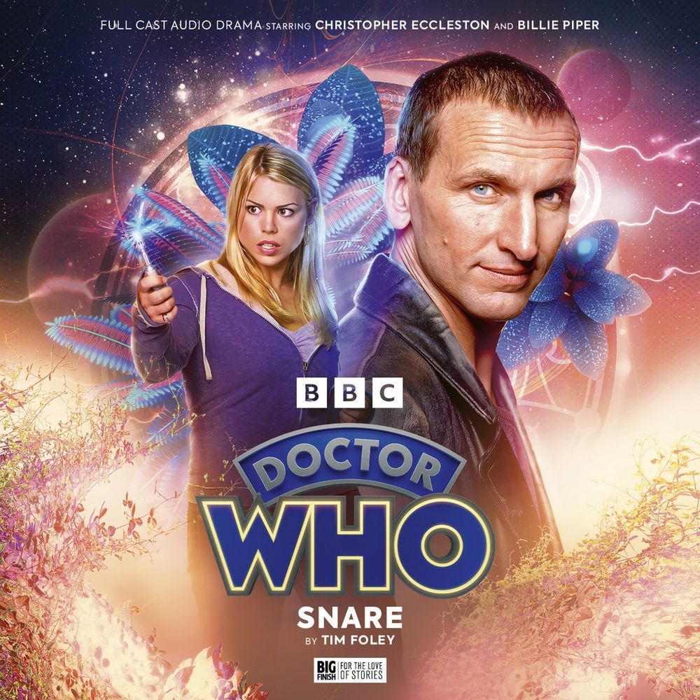 Soundsmyth Productions' cover artwork for Doctor Who: Snare. Rose is on the left, holding up the sonic screwdriver and looking pensive. On the right is the Ninth Doctor. Around and behind them are the leaves and branches of an unusual plant-life. In the background, space and Gallifreyan symbols.