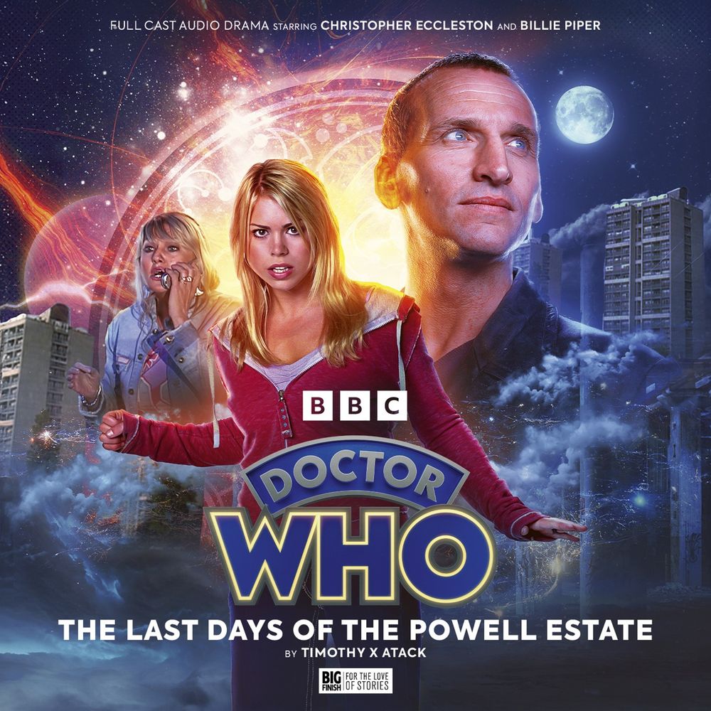 Soundsmyth Productions' cover artwork for Doctor Who: The Last Days of the Powell Estate, featuring Rose Tyler in the centre, wearing a cerise hoodie. To her left is Jackie Tyler looking panicked on a mobile phone. The Doctor is on the right. In the background, the Powell Estate is collapsing. 