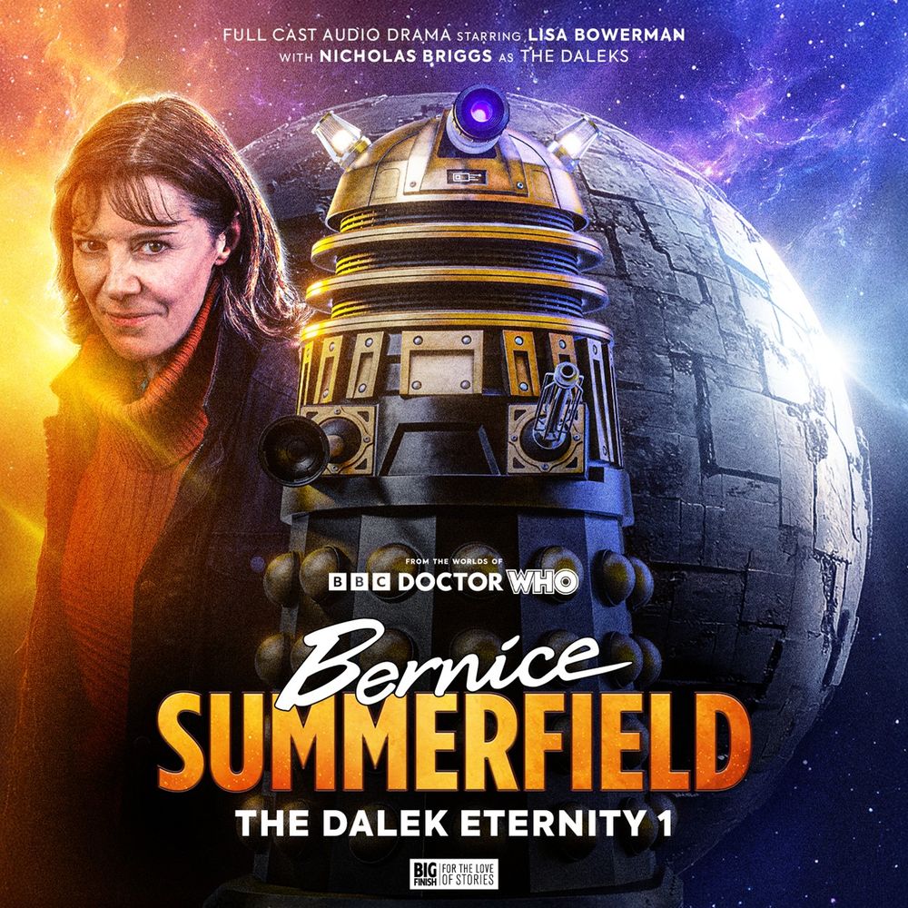 Sean Longmore's cover artwork for The Dalek Eternity 1, featuring Bernice Summerfield and a Dalek Delegate. Behind them is a planet entirely encased in a shield. 