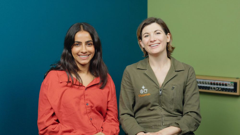Mandip Gill and Jodie Whittaker smiling in the Big Finish studio