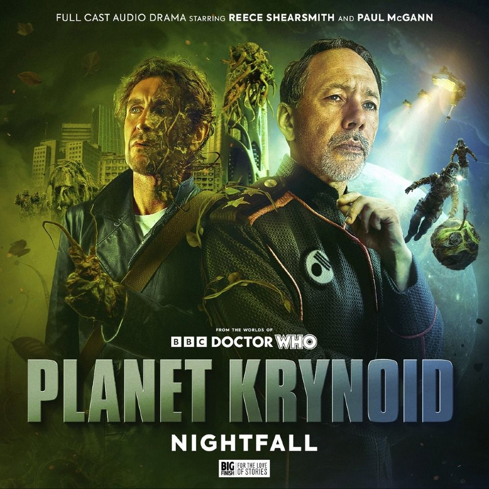 Sean Longmore's cover artwork for Planet Krynoid. Governor Robert Hodan looks pensive next to the Eighth Doctor, who is half-transformed into a Krynoid creature. In the background is a Sunlight city overrun with Krynoids. To the right is a space scene with two astronauts infected by a pod. 