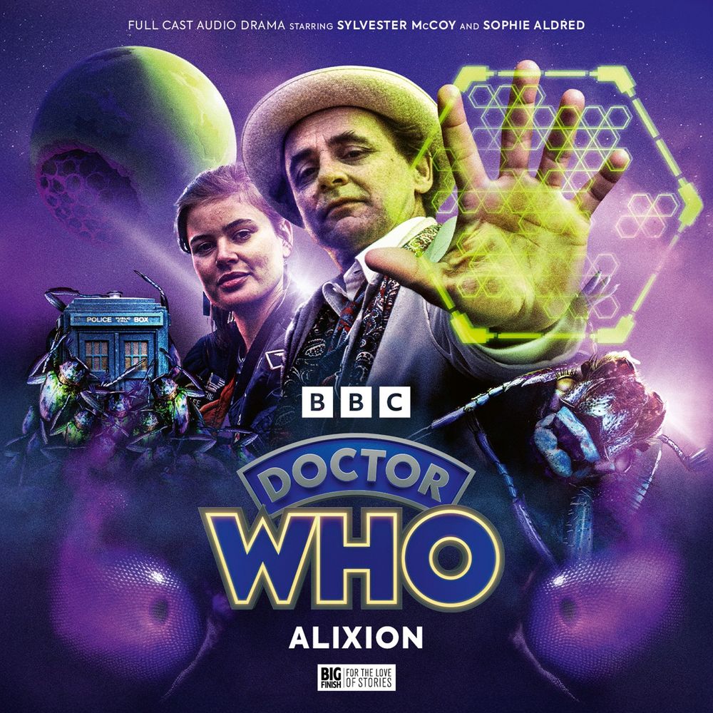 Grant Kempster's cover artwork for Doctor Who – The Lost Stories: Alixion, featuring Ace and the Seventh Doctor (with hand raised into a hexagonal panel). Behind them are alien insects surrounding the TARDIS. The queen is bottom right. Behind a green planetoid, part-hive, hangs in a purple sky. 