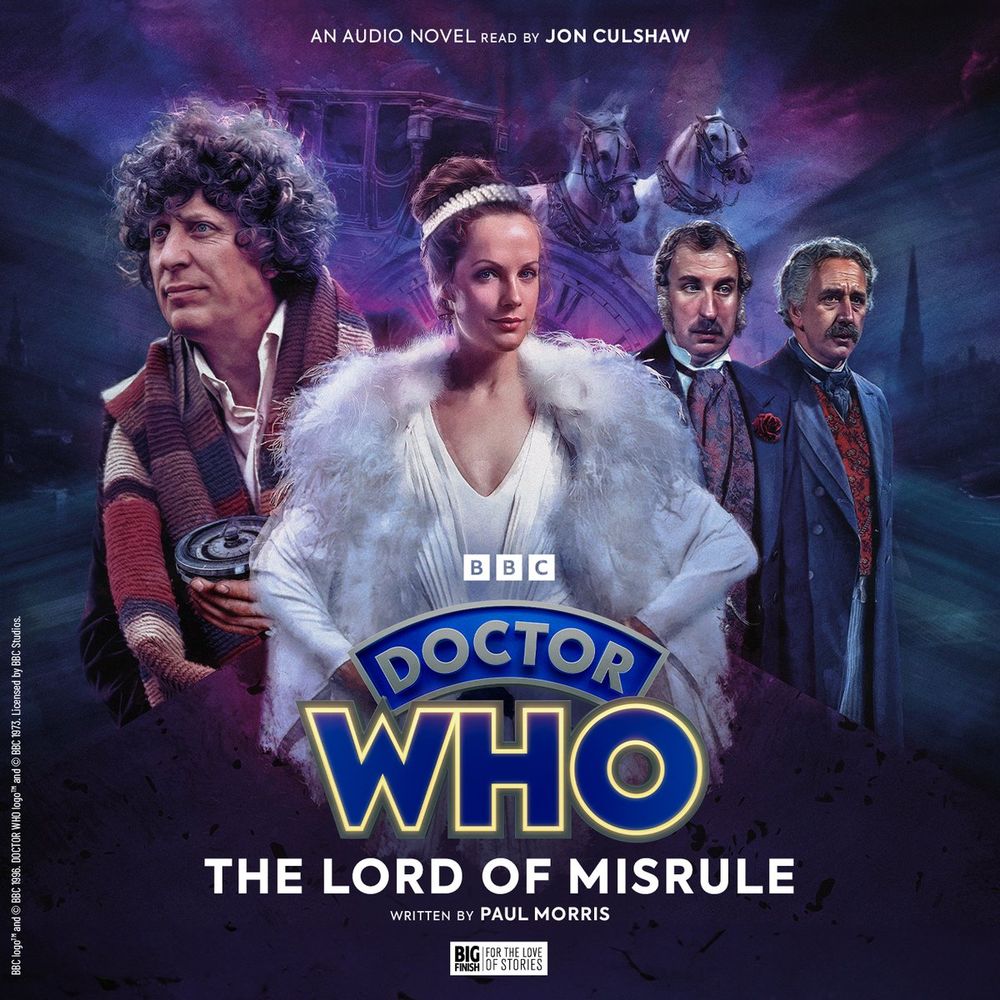 Sean Longmore's cover art. Romana stuns in the centre, with the Fourth Doctor on the left holding a compass. To the right are Jago and Litefoot. In the background a carriage is drawn by two horses, and we can make out the London skyline. The background is dark blues and purples of the night sky.