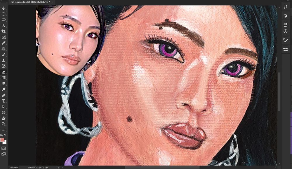 work in progress of a gouache painting being re-painted in photoshop