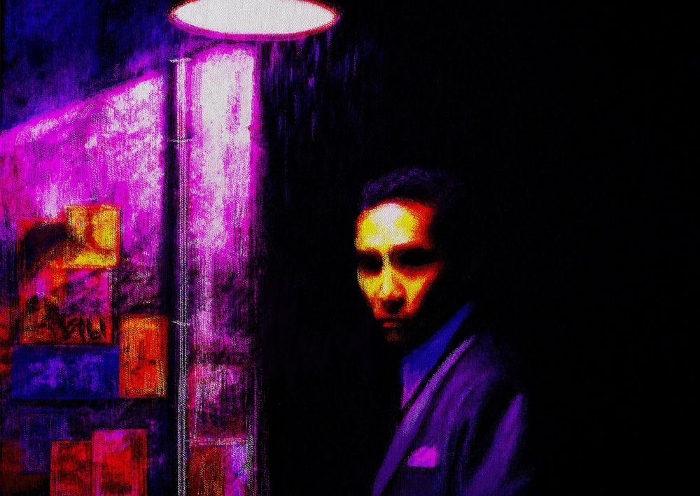 a man under a street light. digital art inspired by a scene in the move 'in the mood for love".