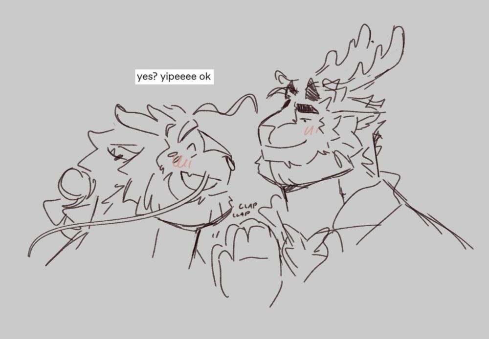 ube claps cheerfully while mint looks at them with mild amusement and a blush on his face. a cropped screencap of the tumblr post says “yes? yipeeee ok”