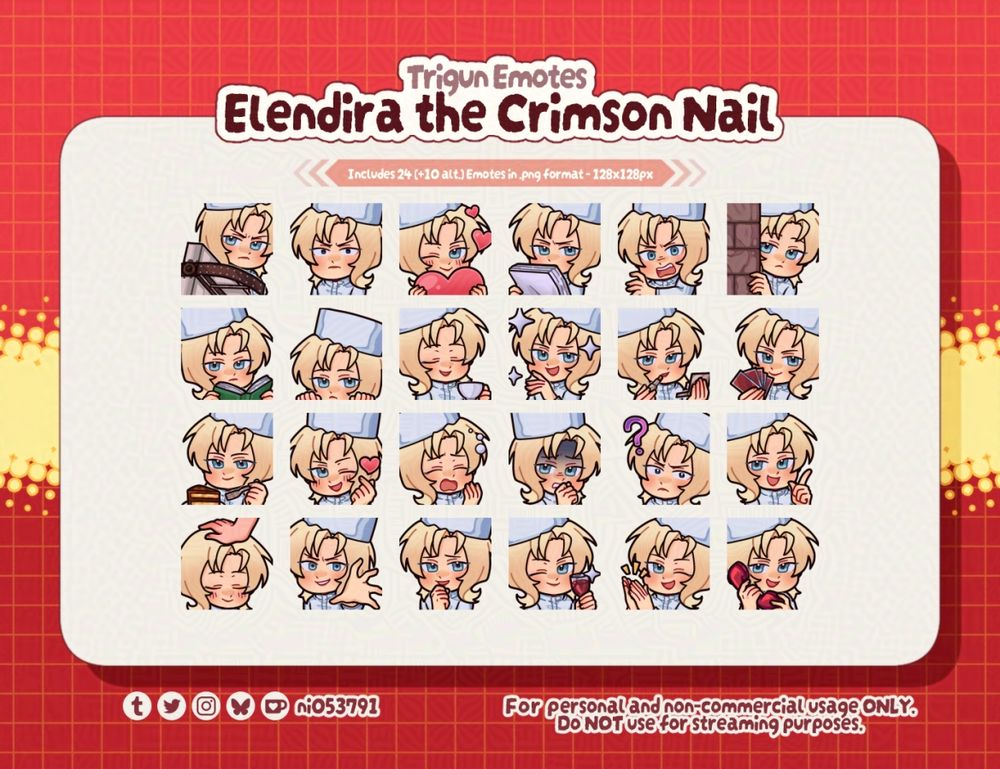Text reads: Trigun Emotes: Elendira the Crimson Nail
For personal and non-commercial usage ONLY. Do NOT use for streaming purposes.

A total of 24 emotes of Elendira the Crimson Nail from Trigun with various expressions and more, designed to be used on Discord.

IMPORTANT: 
Please be so kind to respect my Copyright & Terms of Usage written in the description on Ko-fi. I love sharing my work for others to enjoy but if there is any infringement I will not hesitate to discontinue sharing more of my assets online.