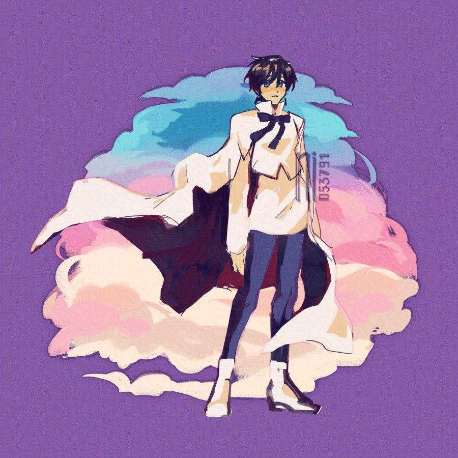 Sketchy illustration of Meryl Stryfe from Trigun Maximum. She is standing, facing the viewer, her cape billowing in the wind. The background is a tri-colored cloud shape with blue at the top, pink in the middle and white at the bottom.