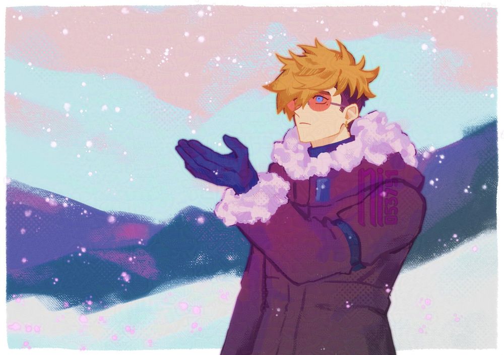 Illustration of Vash the Stampede from Trigun Stampede. He is portrayed wearing a winter coat with a fur collar and fur around the cuffs. He is holding a hand out to catch snowflakes falling, and is looking into the distance. He has an almost wistful expression on his face. The background is a snowy mountain range with generally fair skies. The overall color palette is cool.