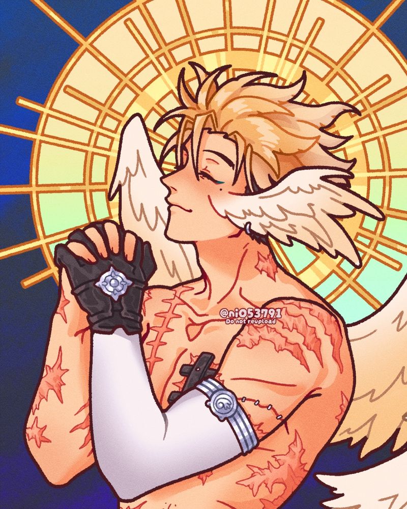 Illustration of Vash the Stampede from Trigun. Vash is portrayed facing the left, his hands in a gesture of prayer, and his eyes are closed, a peaceful expression on his face. On his face and back extend white wings. His upper body is undressed, showcasing many scars, and his prosthetic arm is covered in a white sleeve, with a black glove. The background is meant to evoke a halo, with many lines of different lengths spreading out from the middle, and concentric circles going inwards. The background is coloured in yellows and golds, with a soft teal at the bottom half of the circles, against a dark blue gradient backing.