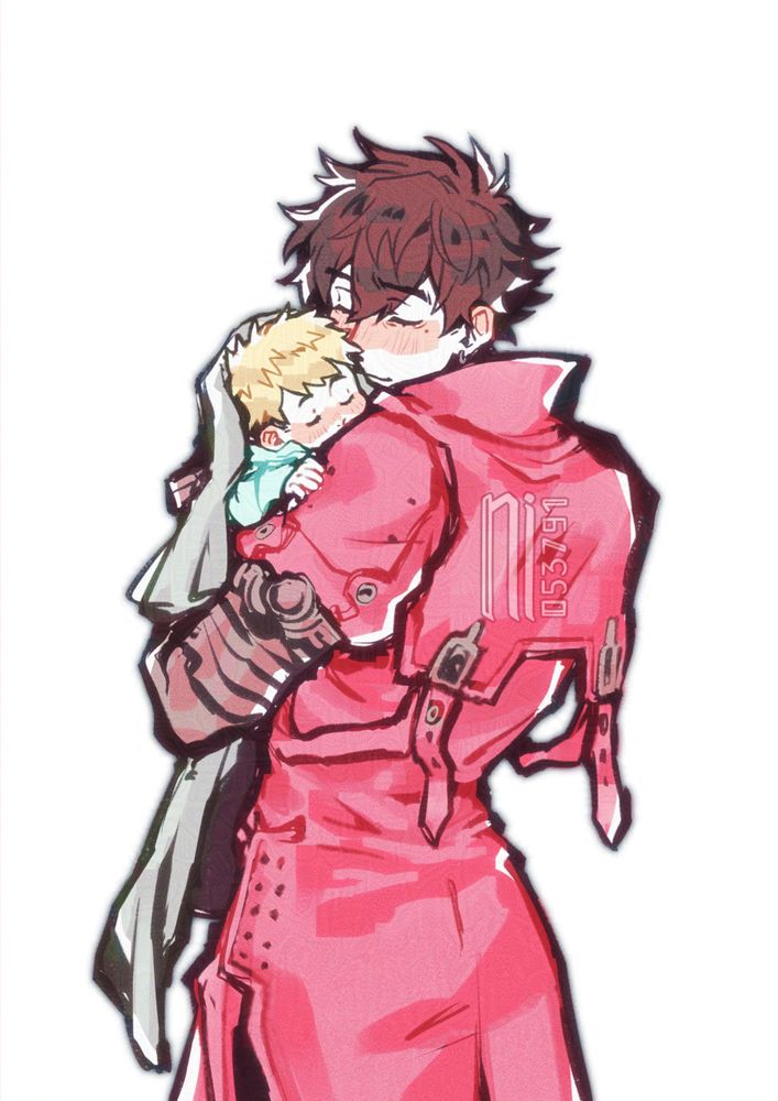 Sketchy illustration of Vash the Stampede from Trigun Maximum in soft colors. While he is wearing his iconic red coat, his hair is black, indicating a post-canon setting. He is holding a sleeping blonde infant wrapped in a blanket with a gentle expression on his face, eyes closed.