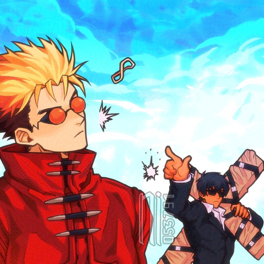 Illustration of Vash the Stampede and Nicholas D. Wolfwood from Trigun Maximum. Vash is at the left of the illustration, with an unenthused expression, recoiling slightly. In the air is a small elastic band in the form of a figure 8, having just impacted Vash's face and recoiled away from it. In the right corner is Wolfwood, holding his Punisher over his left shoulder, his left hand resting on one of the arms of it. The Punisher is wrapped, so it looks merely like a cross. His right hand is forming a finger-gun, having just shot the elastic band at Vash. The background is a cloudy sky, with a bit of blue sky at the top.
