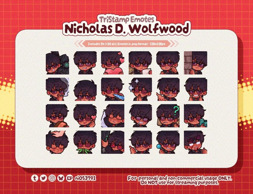 Text reads: TriStamp Emotes: Nicholas D. Wolfwood
For personal and non-commercial usage ONLY. Do NOT use for streaming purposes.

A total of 24 emotes of Nicholas D. Wolfwood from Trigun Stampede with various expressions and more, designed to be used on Discord.

IMPORTANT: 
Please be so kind to respect my Copyright & Terms of Usage written in the description on Ko-fi. I love sharing my work for others to enjoy but if there is any infringement I will not hesitate to discontinue sharing more of my assets online.