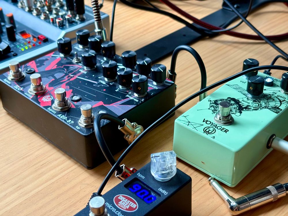Picture of a few guitar pedals that I’ve hooked up to a synth. There is a combination delay/reverb pedal known as the Slarp and the Voyager overdrive pedal