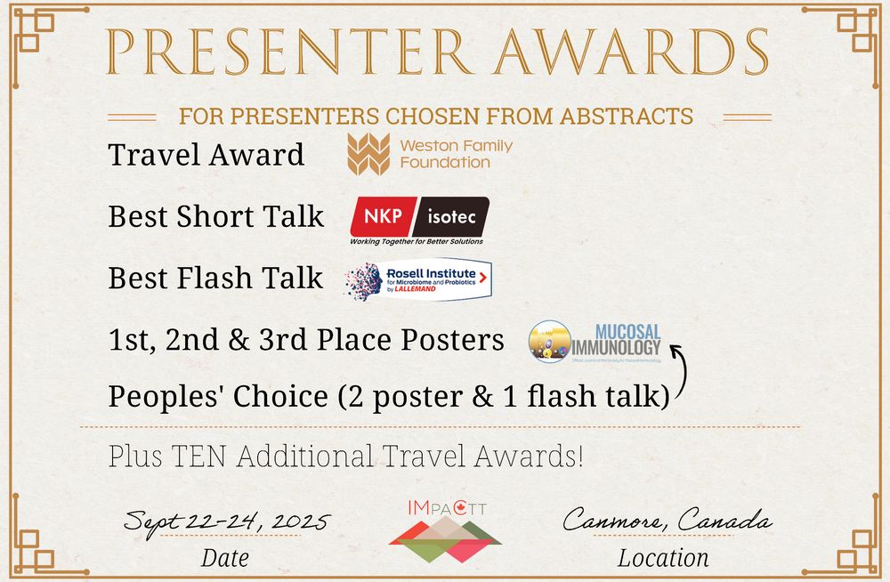 Presenter Awards for presenters chosen from abstracts. Travel Award (sponsored by the Weston Family Foundation). Best Short Talk Award (sponsored by NKP-Isotec). Best Flash Talk Award (sponsored by the Rosell Institute for Microbiome & Probiotics). 1st, 2nd, and 3rd place poster awards (sponsored by Mucosal Immunology). Peoples' Choice awards (2 poster and 1 flash talk) (sponsored by Mucosal Immunology). Plus TEN additional travel awards! Having IMPACTT Symposium, Sept 22-24, 2025 in Canmore, Canada.