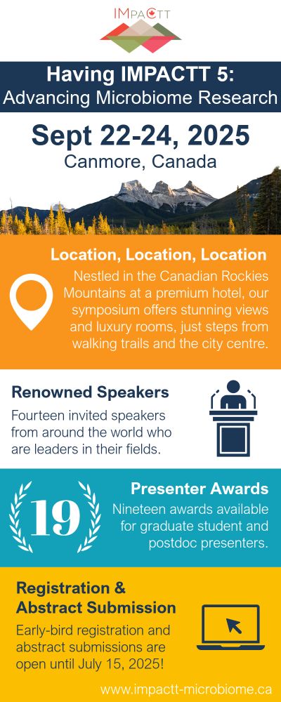 Having IMPACTT 5: Advancing Microbiome Research. Sept 22-24, 2025, Canmore, Canada. "Location, Location, Location": Nestled in the Canadian Rockies Mountains at a premium hotel, our symposium offers stunning views and luxury rooms, just steps from walking trails and the city centre. "Renowned Speakers": Fourteen invited speakers from around the world who are leaders in their fields. "Presenter Awards": Nineteen awards available for graduate student and postdoc presenters. "Registration & Abstract Submission": Early-bird registration and abstract submissions are open until July 15, 2025! www.impactt-microbiome.ca