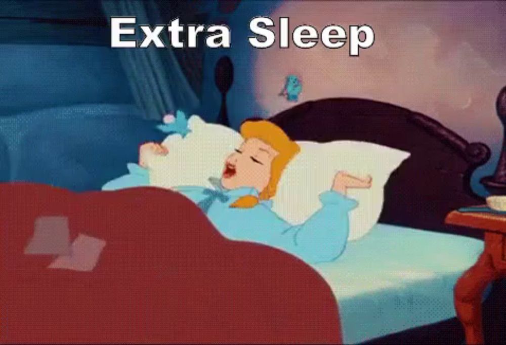 a cartoon of cinderella in bed with the words extra sleep above her