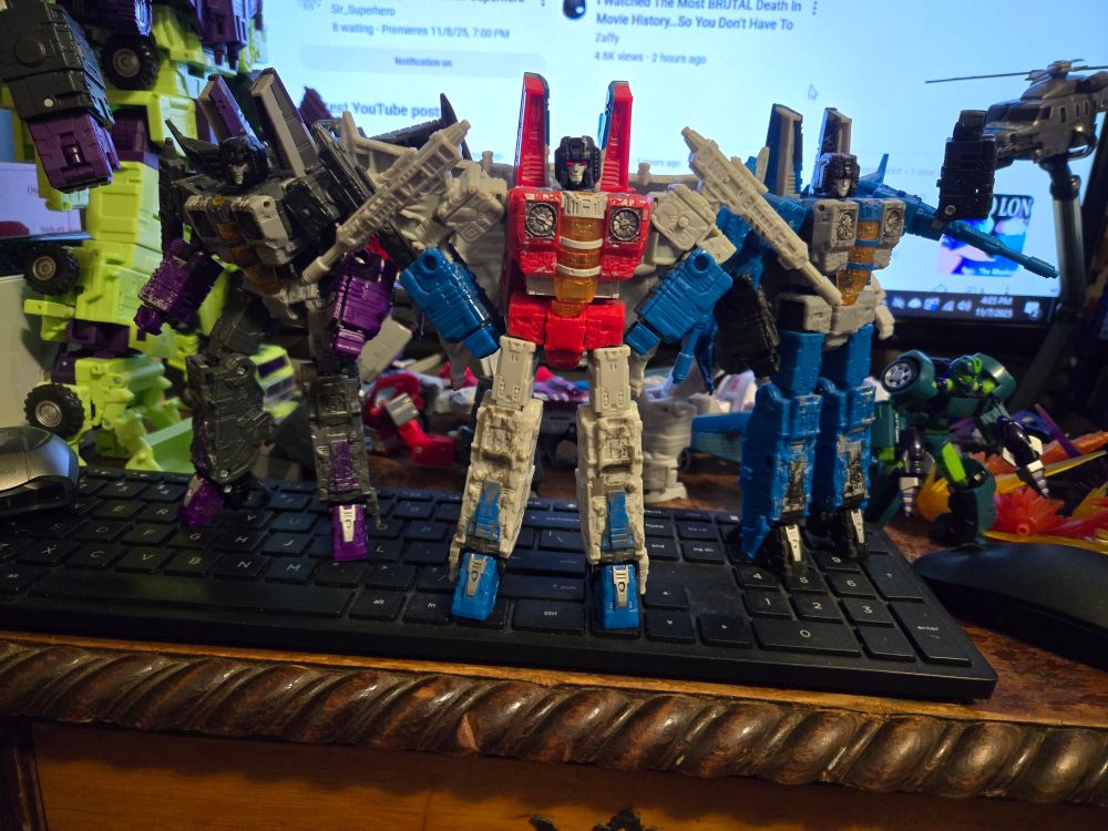 The original three Seekers: (Left to right) Skywarp, Starscream, and Thundercracker.