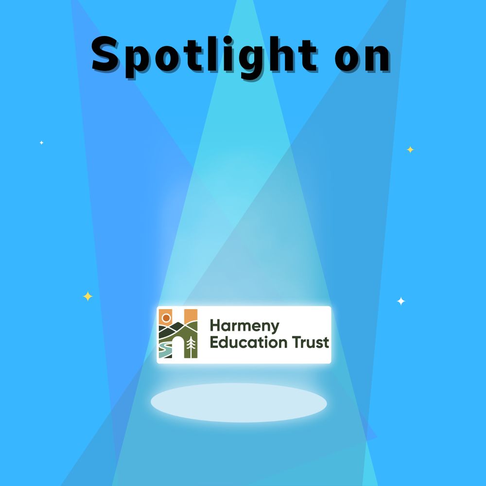 "Spotlight on" with three spotlights shining down on Harmeny's logo and four stars in the background. Graphic.
