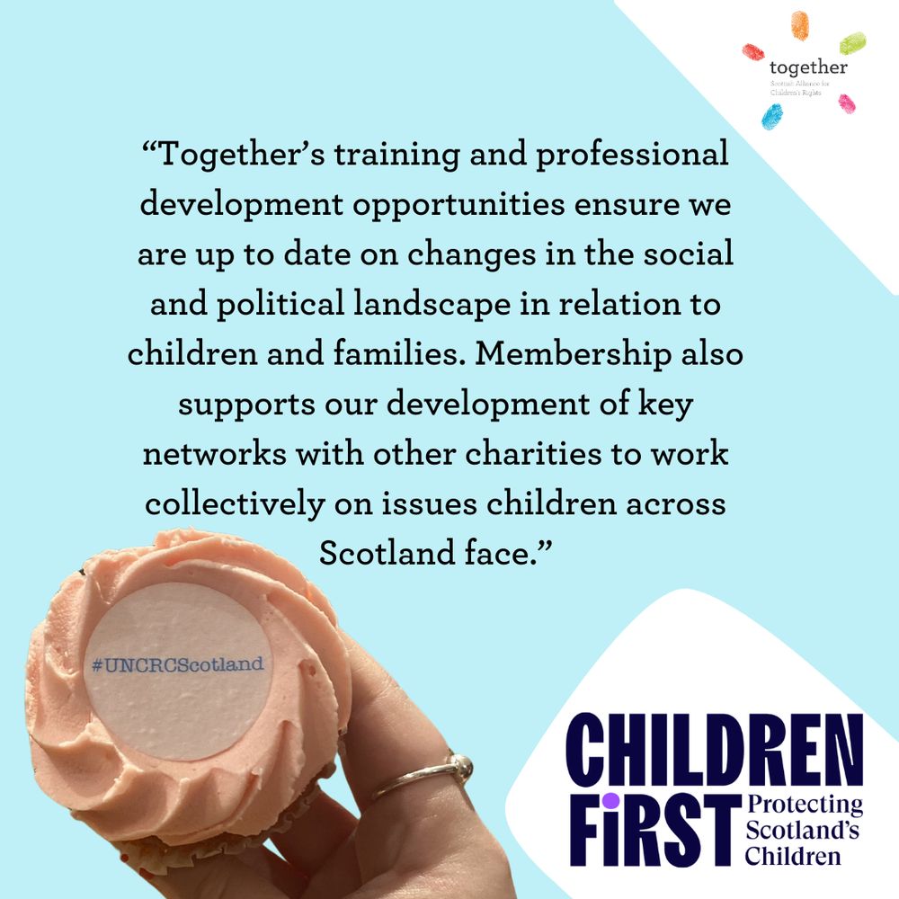 Children First quote in the middle, Children First logo, Together logo. hand holding a cupcake with #UNCRCScotland in the middle. Graphic/Photo.