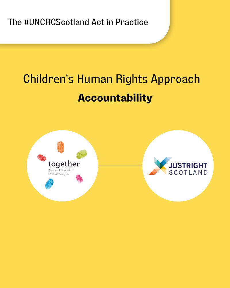 "The #UNCRCScotland Act in Practice" at the top with a white banner around it. "Children's Human Rights Approach" with "Accountability" and underneath is the Together logo and JustRight Scotland logo in a circle frame joining together with a black line. Graphic. 