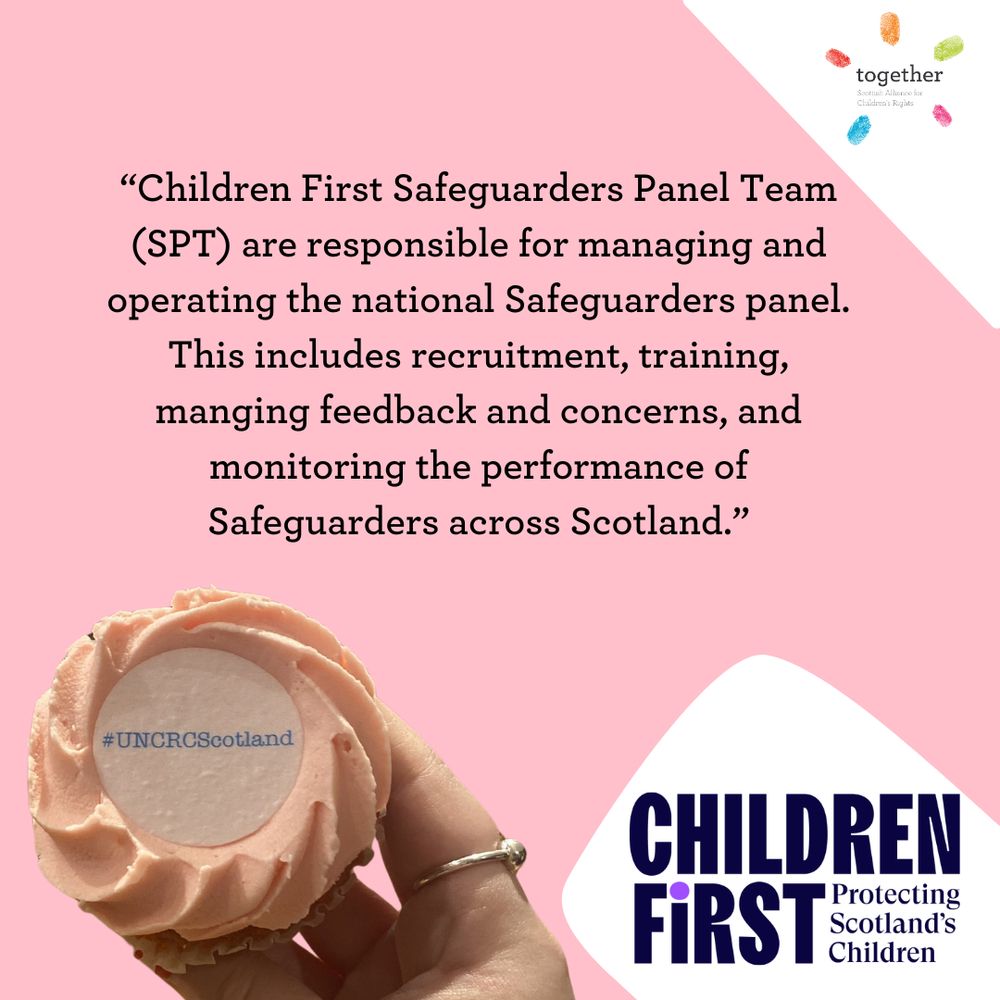 Quote from Children First in the middle, Children First logo, Together logo and hand holding a cupcake with pink frosting and #UNCRCScotland on top. Graphic.
