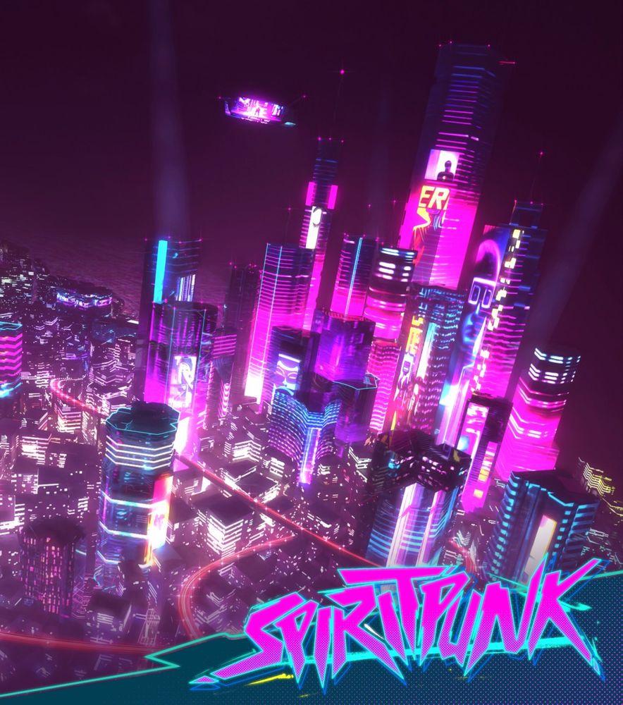 Vibrant pink cyberpunk cityscape from a birds eye view.