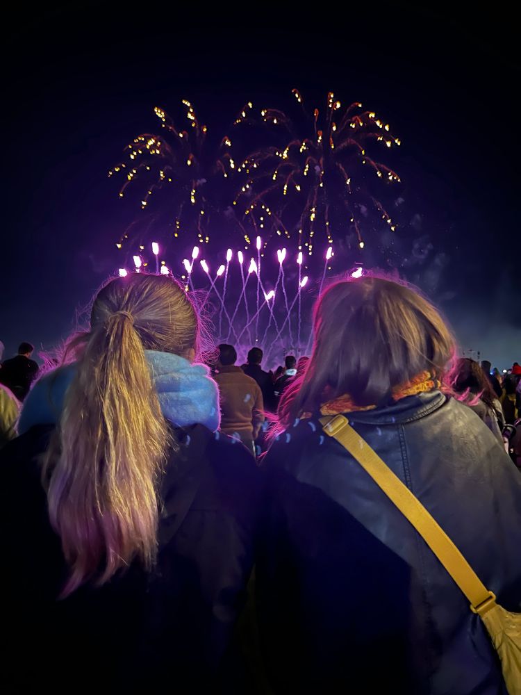 The backs of two young women and beyond the fireworks that they are watching, purple and yellow neons flashing against the bight sky. 