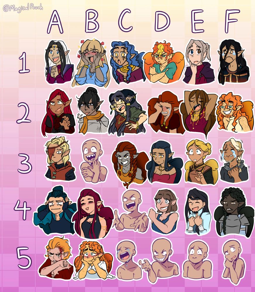 An expression meme made by MagicalPouch with an excited expression filled by a winged elf man with tan skin, blue hair and wings, gold eyes, with scars visible on his cheek and over one eye