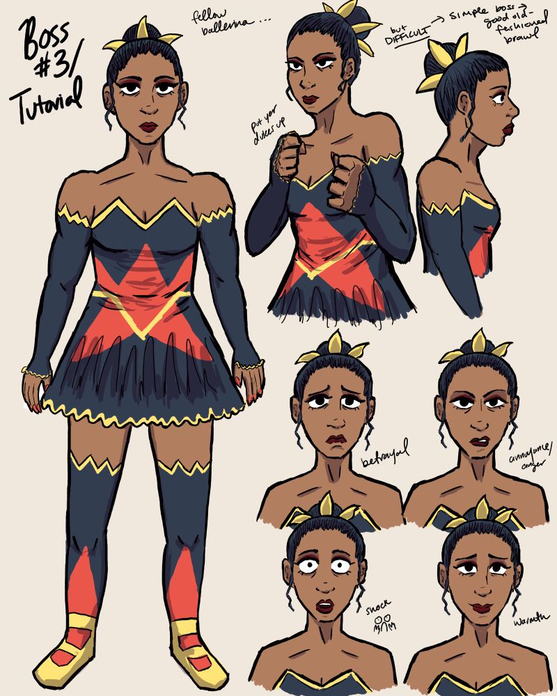 concept art for a ballerina, lots of different poses. actually not lots, really the only poses the artist felt comfortable drawing, which means it’s a little static ngl